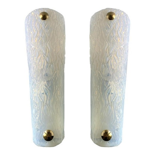 Set Of Two Italian Opalino Murano Glass Wall Sconces In Mid-Century Modern Style