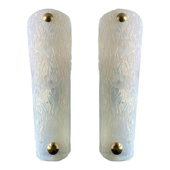 Image 1 of Set Of Two Italian Opalino Murano Glass Wall Sconces In Mid-Century Modern Style