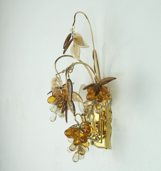 Image 1 of palwa mid century SCONCE 1970 verre en cristal et laiton doré raisins et feuilles