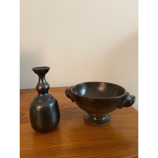 Pair of vintage vallauris ceramics with pewter glaze by Jean Marais, 1980