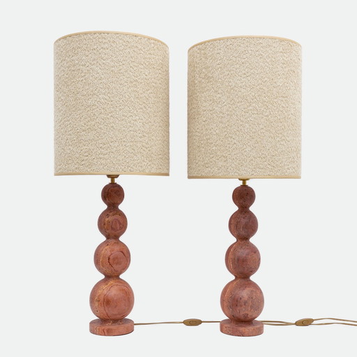 Pair Of Italian Modern Red Travertine Sphere Lamps