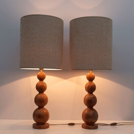 Pair Of Italian Modern Red Travertine Sphere Lamps