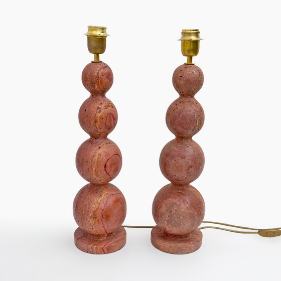 Image 1 of Pair Of Italian Modern Red Travertine Sphere Lamps