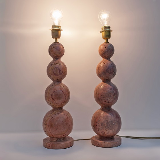 Image 1 of Pair Of Italian Modern Red Travertine Sphere Lamps