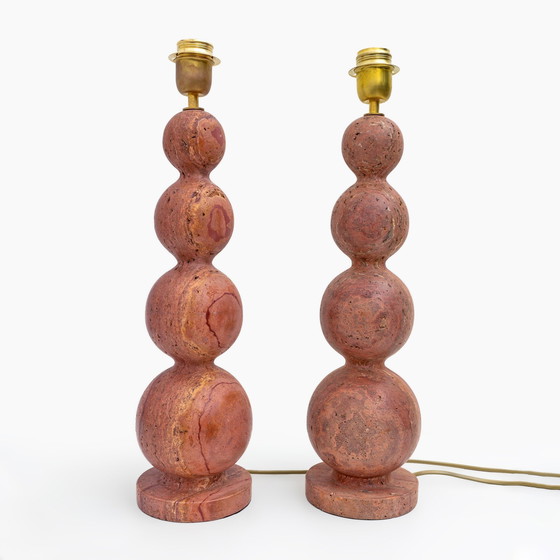 Image 1 of Pair Of Italian Modern Red Travertine Sphere Lamps