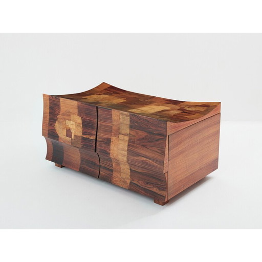 Vintage bar chest in wood and brass marquetry by Michel Lefèvre, 1960