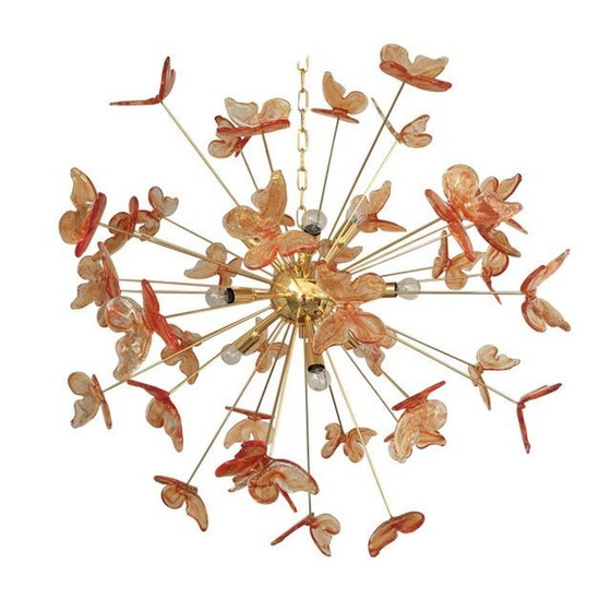 Image 1 of Contemporary Transparent “Triedro” And Amber Spheres Murano Glass Oval Sputnik Chandelier