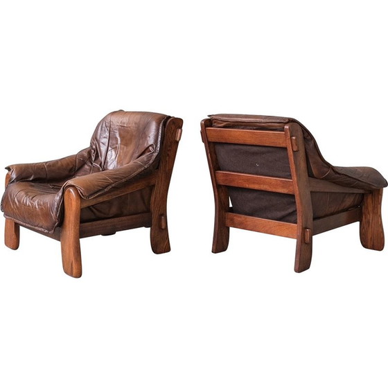 Image 1 of Pair of vintage oakwood and leather armchairs, France 1960