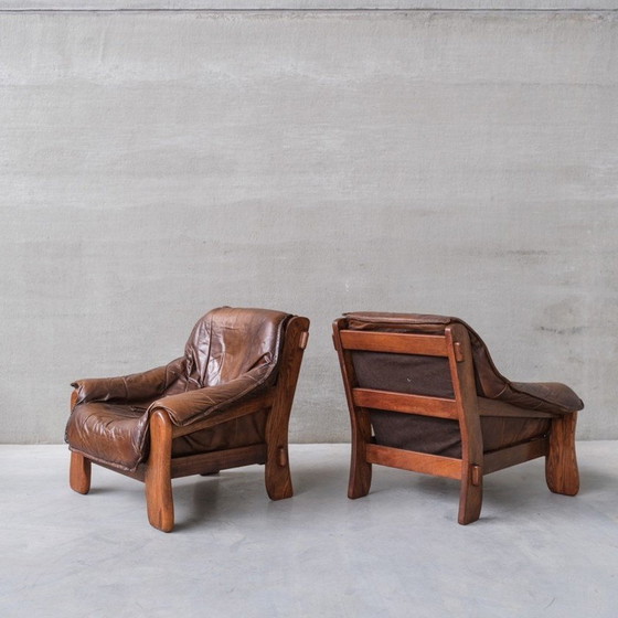 Image 1 of Pair of vintage oakwood and leather armchairs, France 1960