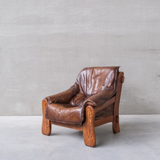 Image 1 of Pair of vintage oakwood and leather armchairs, France 1960