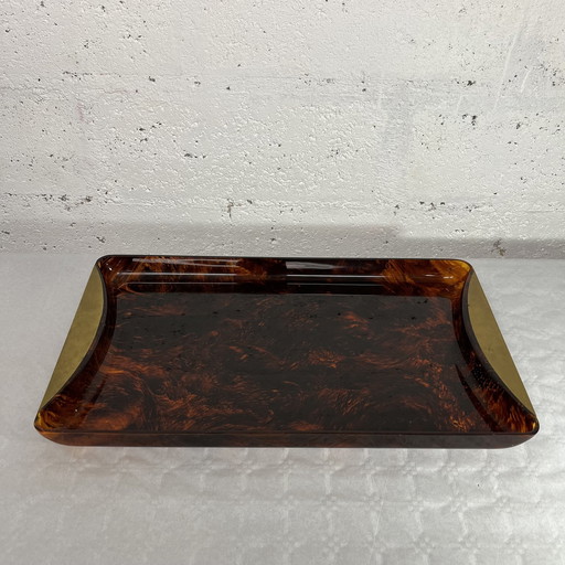 Guzzini Tray In Lucite And Brass, Tortoise Shell Effect