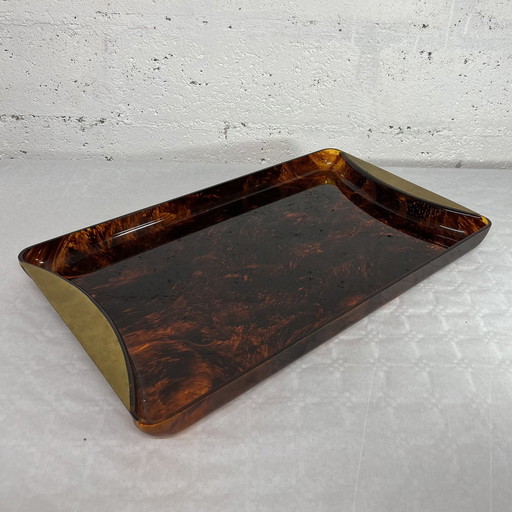 Guzzini Tray In Lucite And Brass, Tortoise Shell Effect