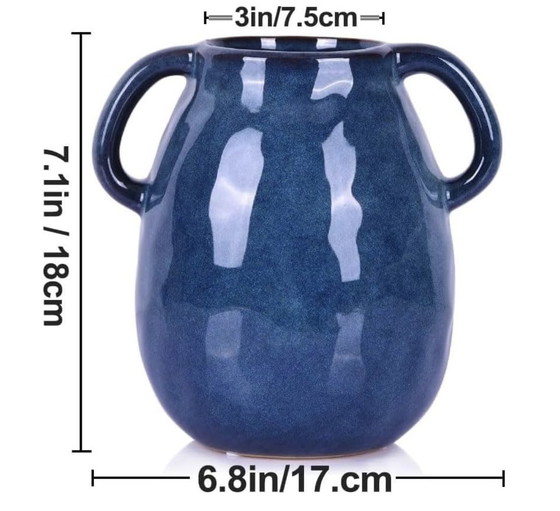 Image 1 of Blue Ceramic Vase With 2 Handles