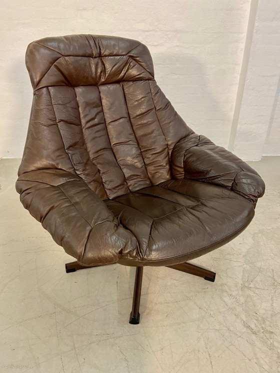 Image 1 of Vintage Danish Mid Century Leather Swivel Egg Chair By Bramin 1960,S