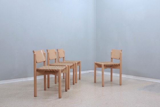 Image 1 of Vintage Rustic Dining Chairs With Straw Seat 1970S
