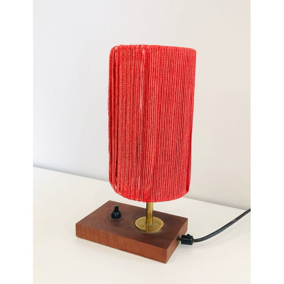 Image 1 of Vintage lamp in wood, brass and wool, France 1950