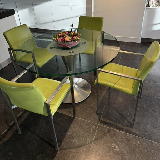 Design Happy Living Glass Dining Table With 4 Stainless Steel Chairs