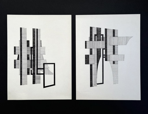 Set Of 2 Artworks. Abstract Composition. Eugène Eechaut (1928-2019)