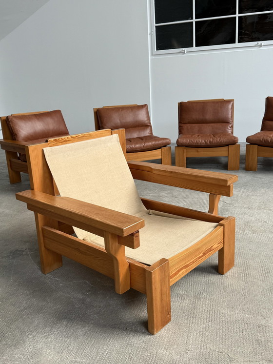 Image 1 of Modular sofa armchair seating group pine wood leather cognac 1970S