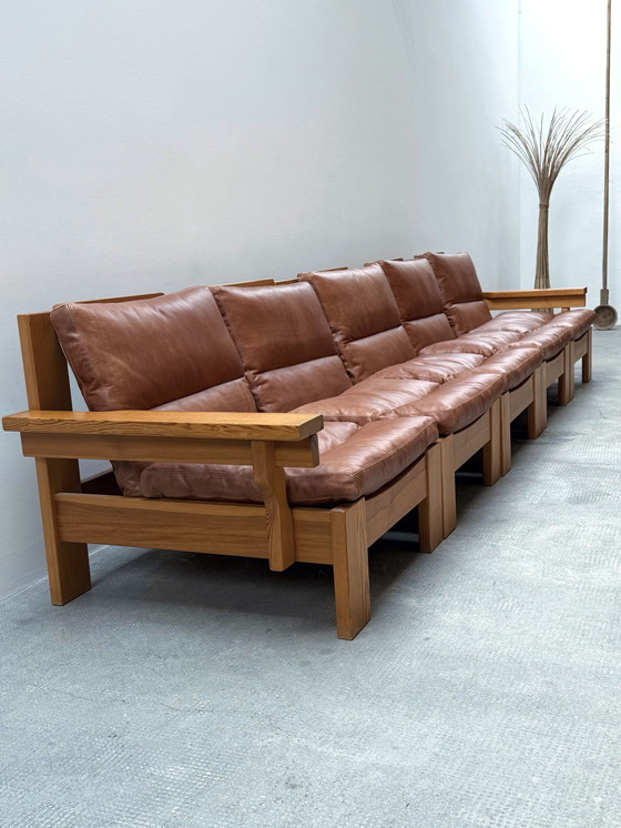 Image 1 of Modular sofa armchair seating group pine wood leather cognac 1970S