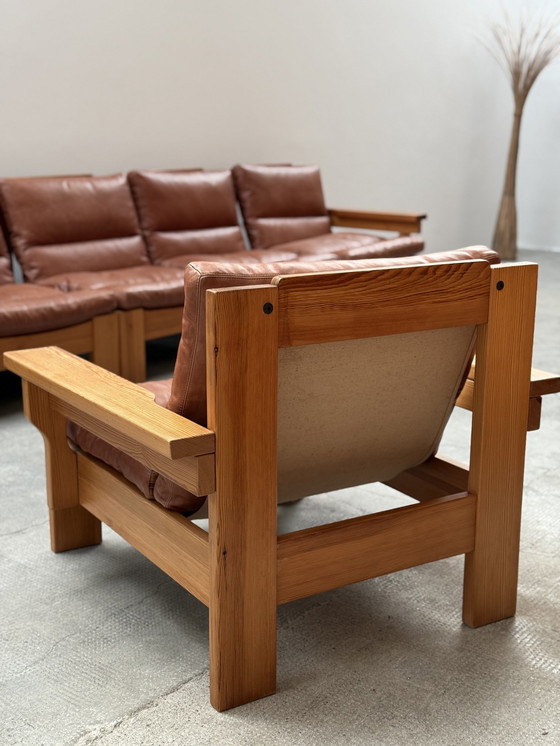 Image 1 of Modular sofa armchair seating group pine wood leather cognac 1970S