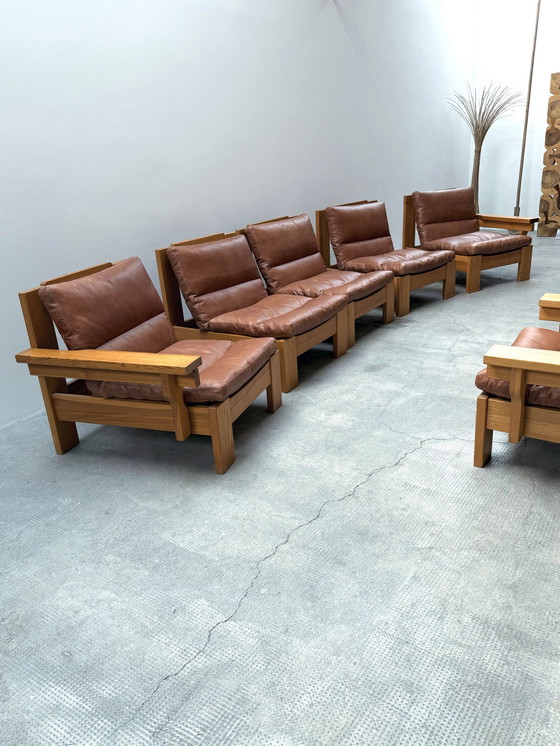 Image 1 of Modular sofa armchair seating group pine wood leather cognac 1970S