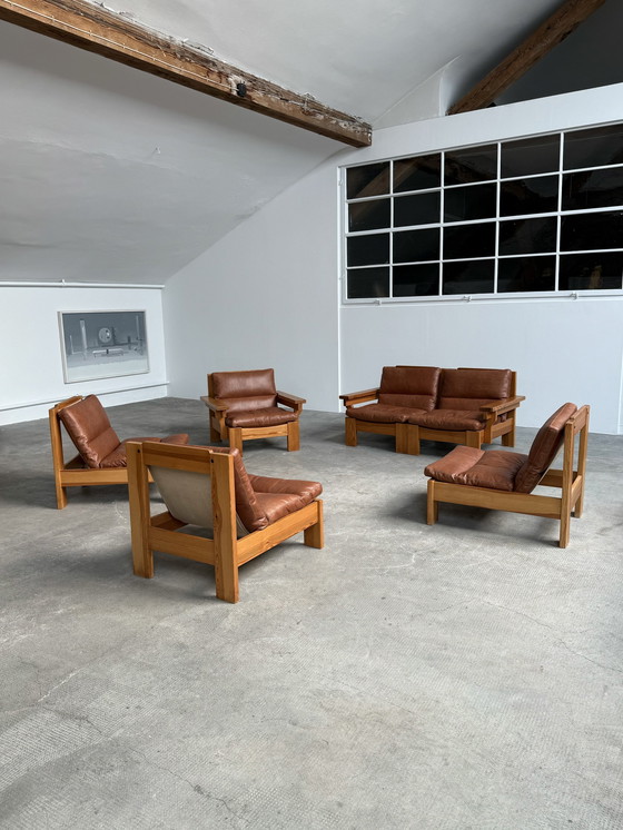 Image 1 of Modular sofa armchair seating group pine wood leather cognac 1970S