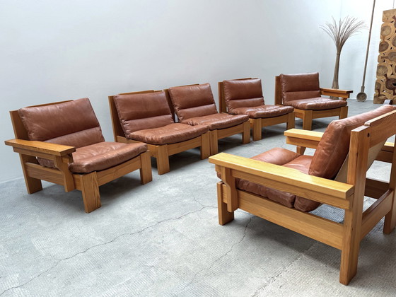 Image 1 of Modular sofa armchair seating group pine wood leather cognac 1970S