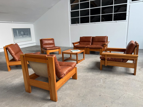 Image 1 of Modular sofa armchair seating group pine wood leather cognac 1970S