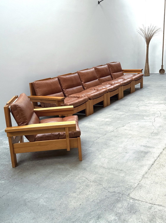 Image 1 of Modular sofa armchair seating group pine wood leather cognac 1970S