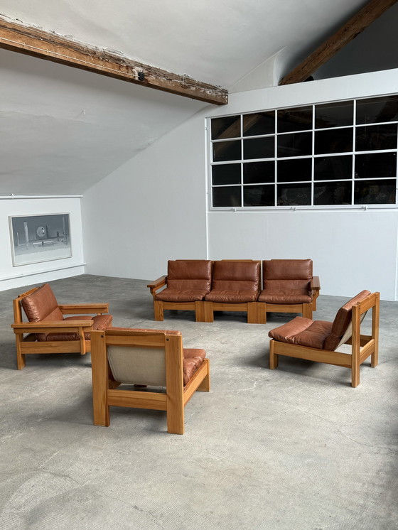 Image 1 of Modular sofa armchair seating group pine wood leather cognac 1970S