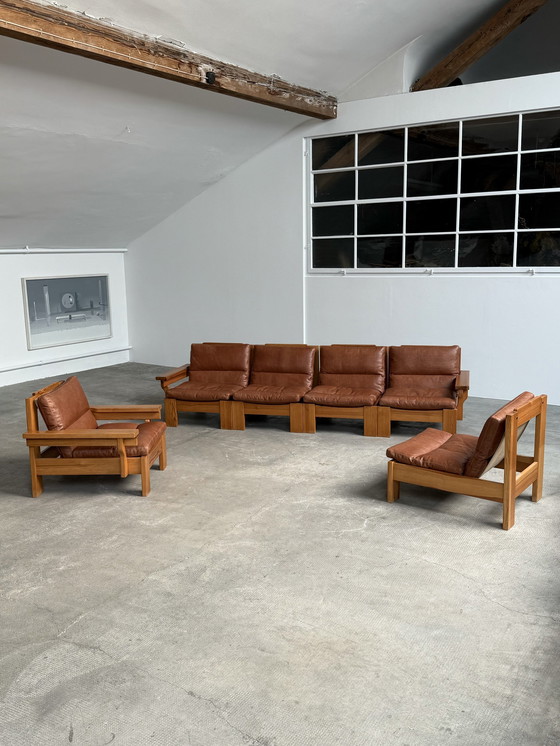 Image 1 of Modular sofa armchair seating group pine wood leather cognac 1970S