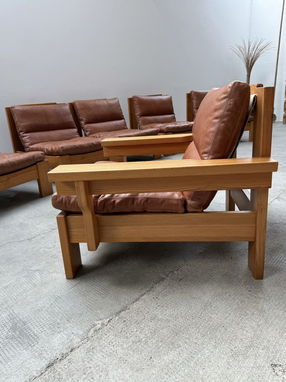 Image 1 of Modular sofa armchair seating group pine wood leather cognac 1970S