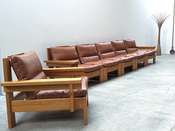Image 1 of Modular sofa armchair seating group pine wood leather cognac 1970S