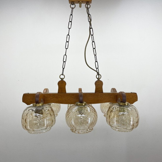 Image 1 of Vintage wood and glass chandelier, Czechoslovakia 1970s