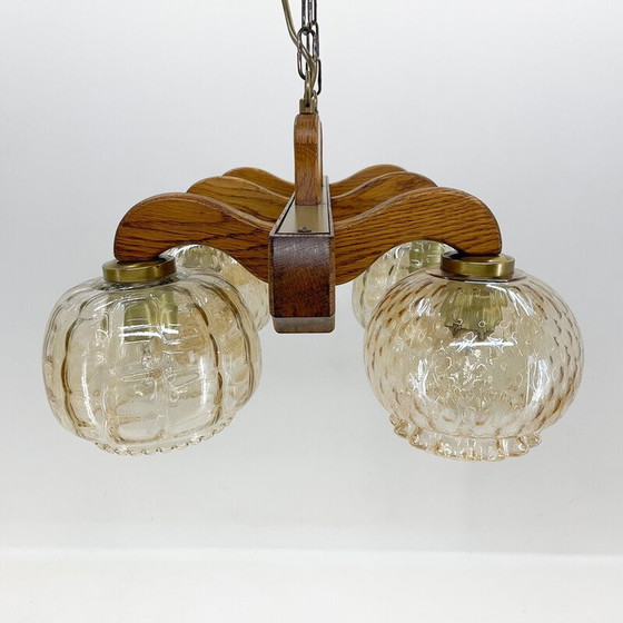 Image 1 of Vintage wood and glass chandelier, Czechoslovakia 1970s
