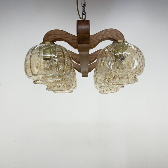 Image 1 of Vintage wood and glass chandelier, Czechoslovakia 1970s