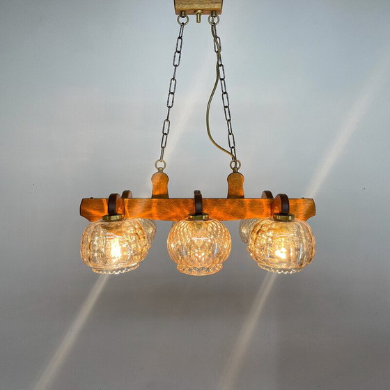 Image 1 of Vintage wood and glass chandelier, Czechoslovakia 1970s