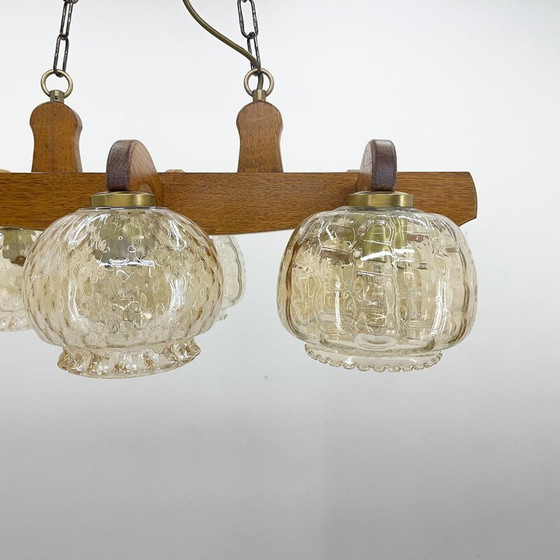Image 1 of Vintage wood and glass chandelier, Czechoslovakia 1970s
