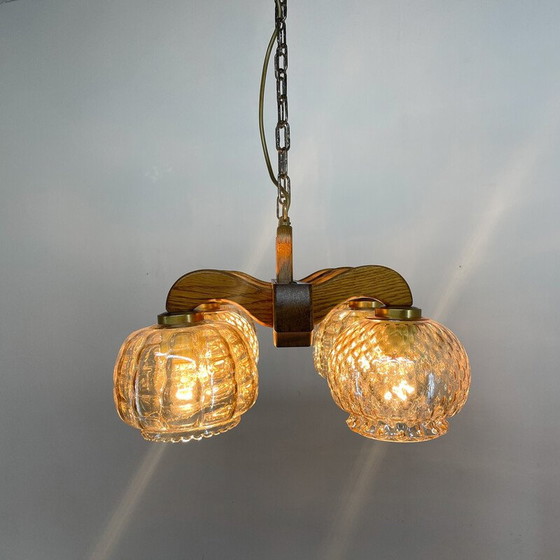 Image 1 of Vintage wood and glass chandelier, Czechoslovakia 1970s