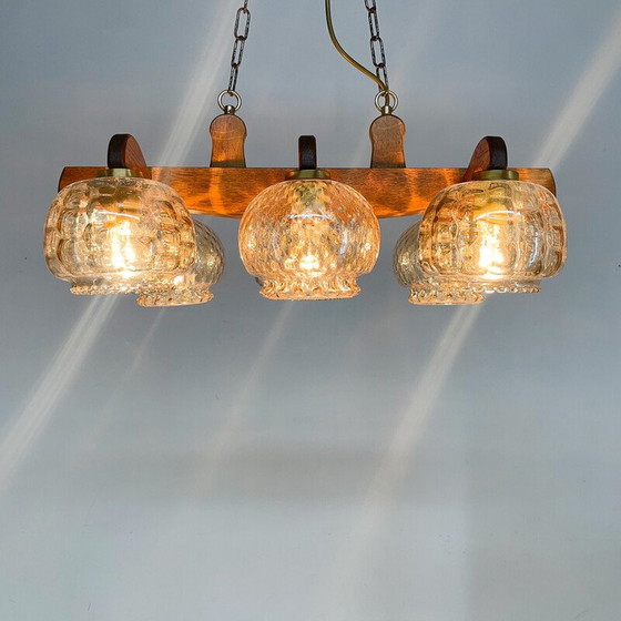 Image 1 of Vintage wood and glass chandelier, Czechoslovakia 1970s