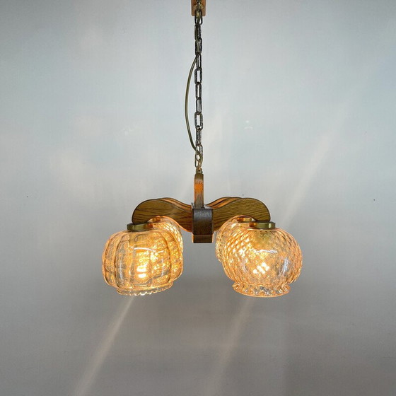 Image 1 of Vintage wood and glass chandelier, Czechoslovakia 1970s