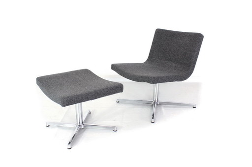 New! Wilkhahn Lounge Chair with Stool, Premium Wool, Aluminum and Chrome, Orig. Price 2800,- Euro