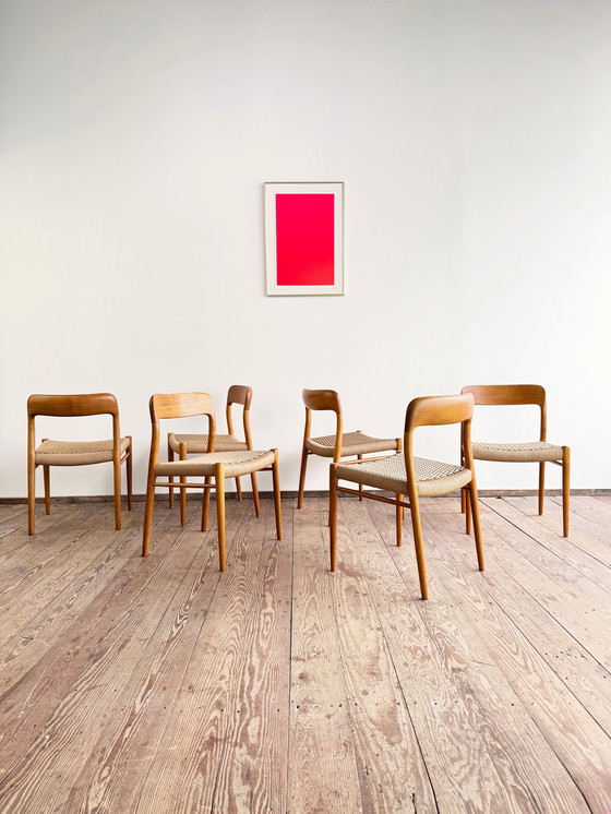 Image 1 of Mid-Century Danish Model 75 Chairs in Oak by Niels O. Møller for JL Møllers, 1950s, Set of 6