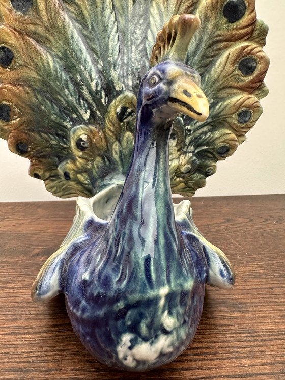 Image 1 of Peacock vase in Majolica 19 th Century- Majolica Peacock