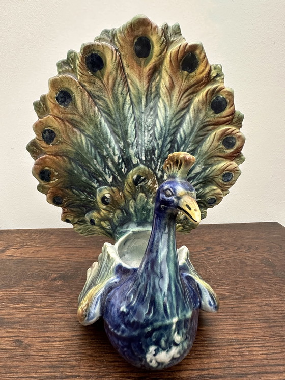 Image 1 of Peacock vase in Majolica 19 th Century- Majolica Peacock