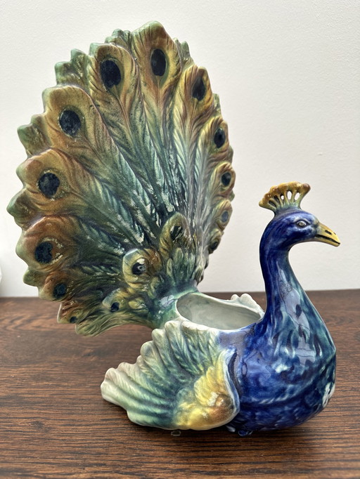 Peacock vase in Majolica 19 th Century- Majolica Peacock