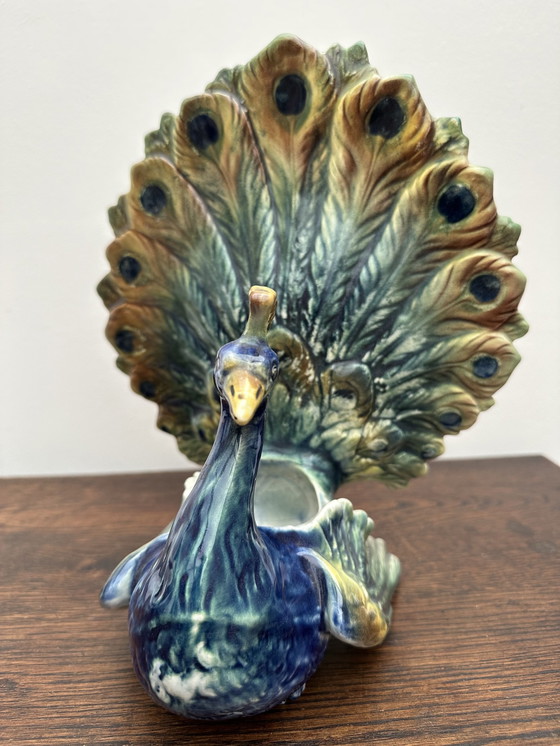 Image 1 of Peacock vase in Majolica 19 th Century- Majolica Peacock