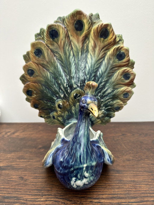 Peacock vase in Majolica 19 th Century- Majolica Peacock