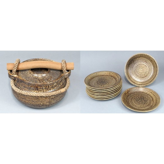 Image 1 of Set di zuppiera vintage e 10 piatti piani in ceramica per Potier de l'Abbaye, anni '60